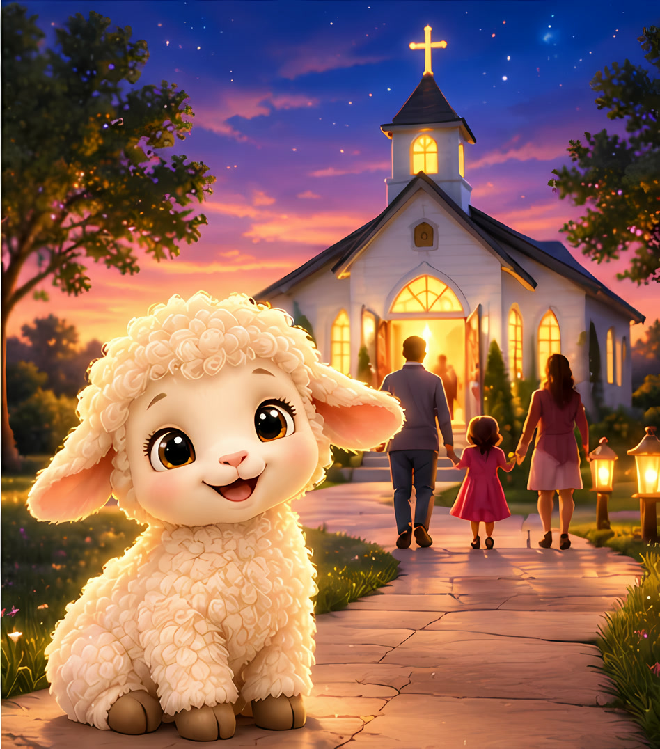An open Bible with a gold ribbon, a candle, and Pip the lamb resting beside it