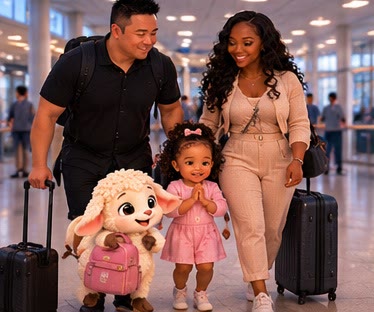 A family at the airport with their suitcases, their daughter holding Pip’s hoof
