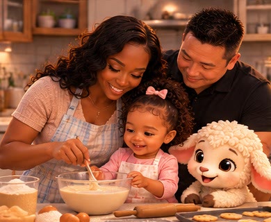 A family baking cookies together in the kitchen, Pip helping