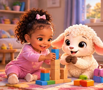 A little girl building a tower of blocks with Pip