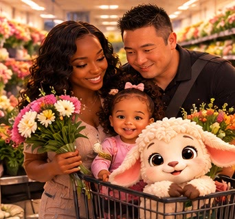 A mom and a dad choosing flowers with their daughter and Pip