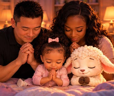 A mom, a dad and their daughter praying at bedtime, Pip praying beside them