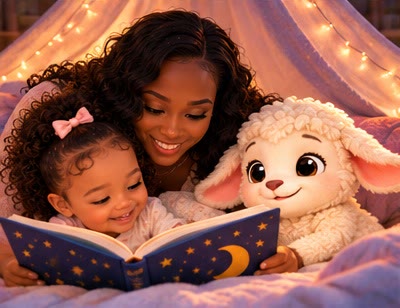 A mom reading a bedtime story to her daughter under fairy lights, Pip listening