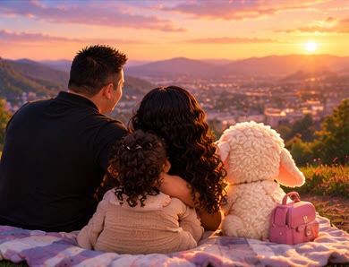 A family watching the sunset together, Pip beside them