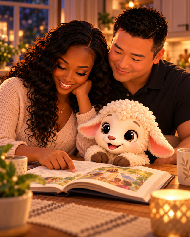 A mom and dad reading the Bible together with Pip