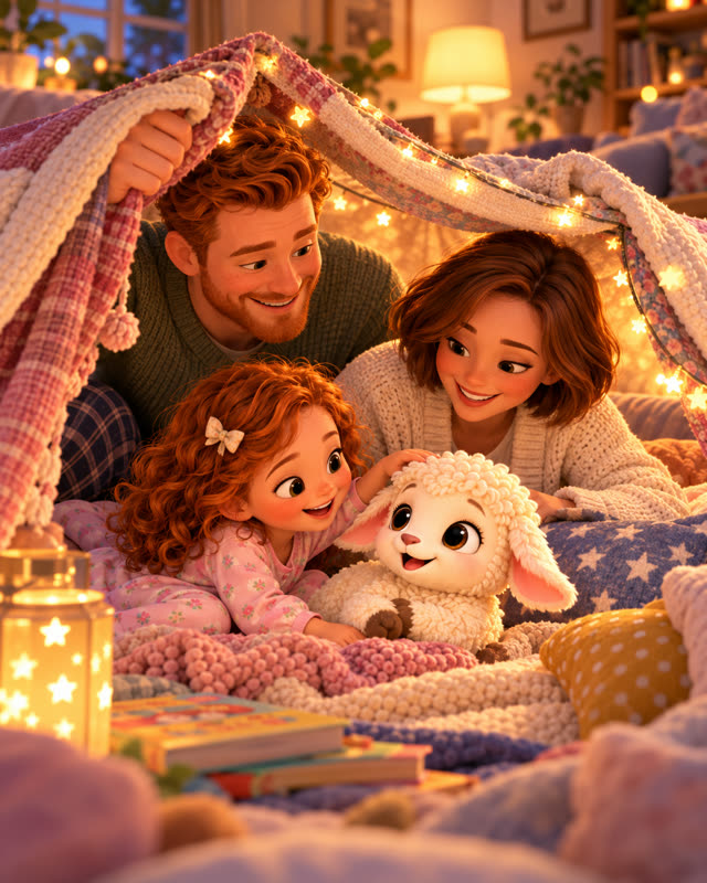 A family in a cozy blanket fort with fairy lights and Pip