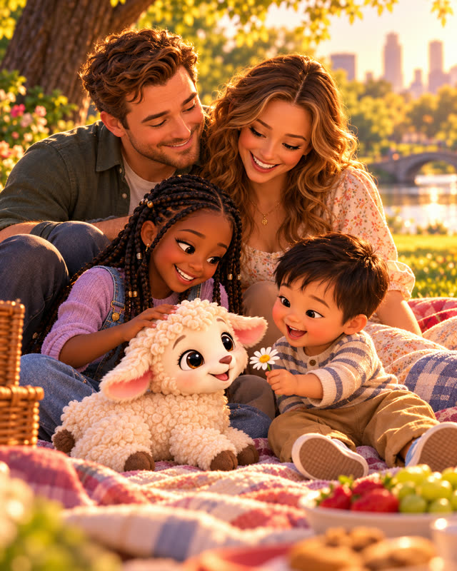 Two parents and their children on a picnic blanket with Pip