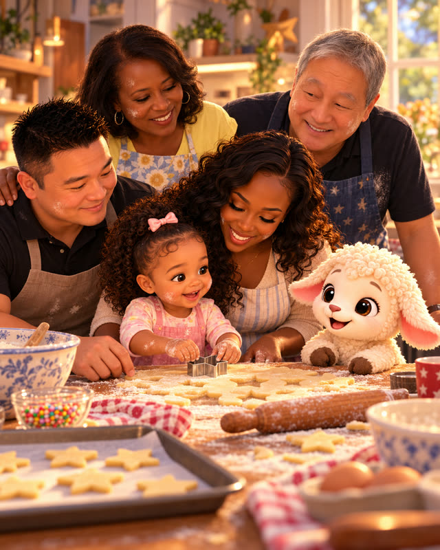 A family baking star cookies with Grandma, Grandpa and Pip