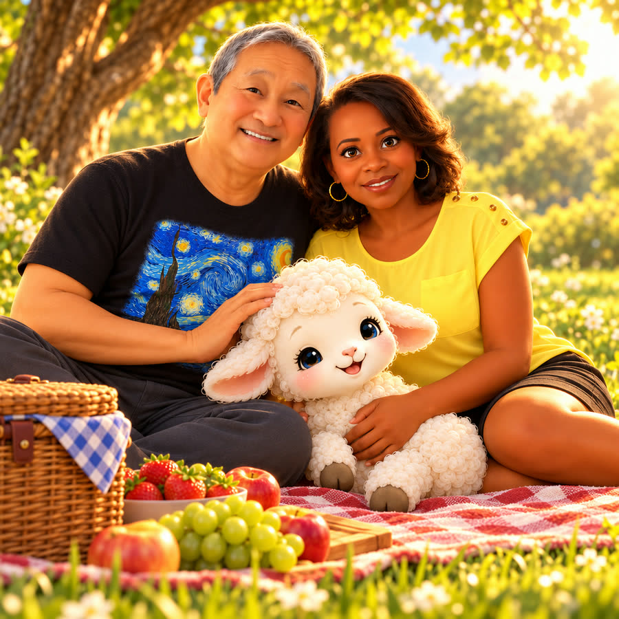 Grandma and Grandpa on a picnic blanket with Pip