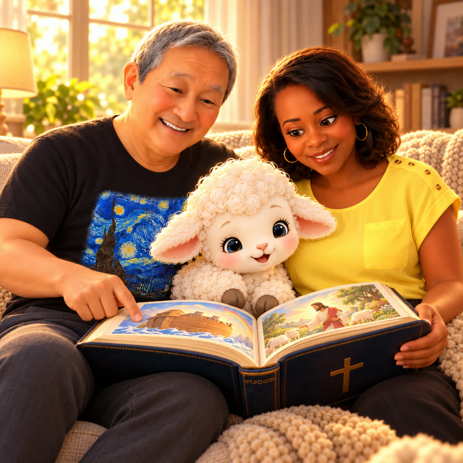 Grandma and Grandpa reading a Bible storybook with Pip