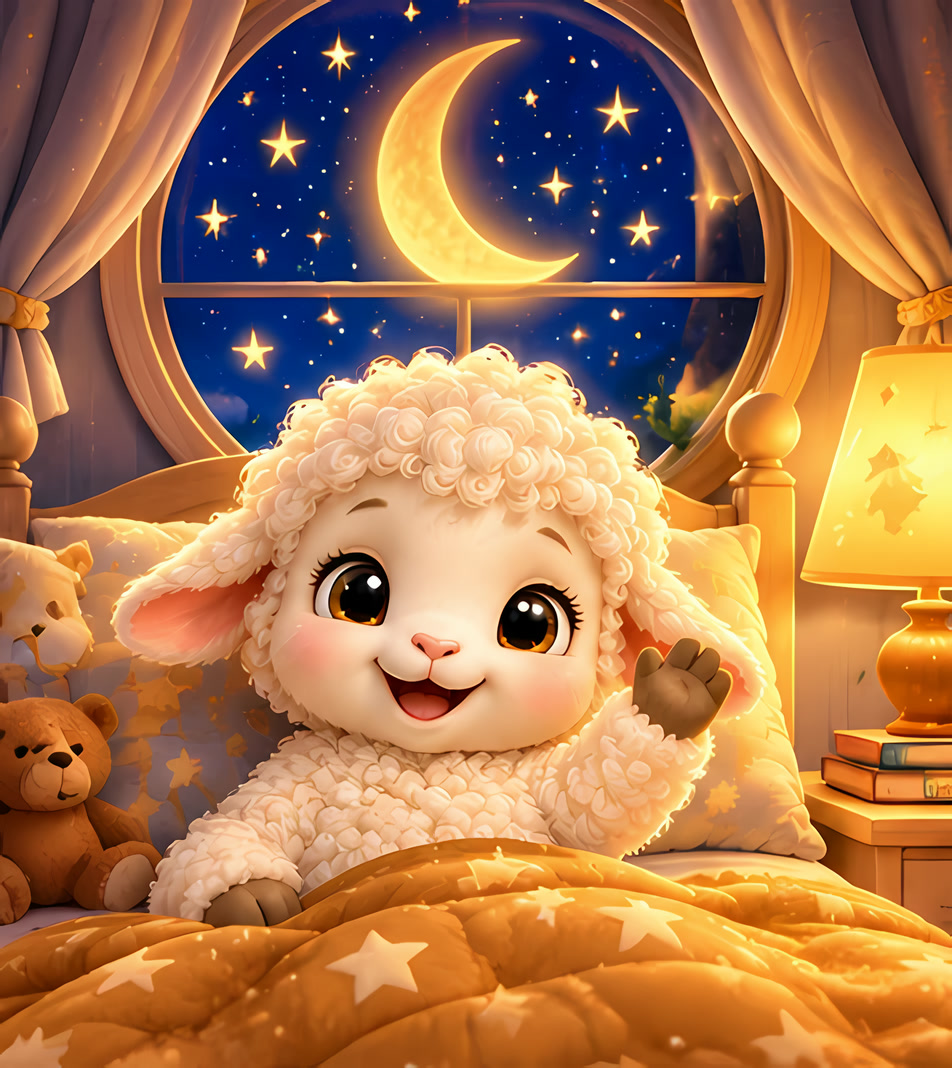 A mother reads a Bible story to her little one, tucked into bed with Pip the lamb