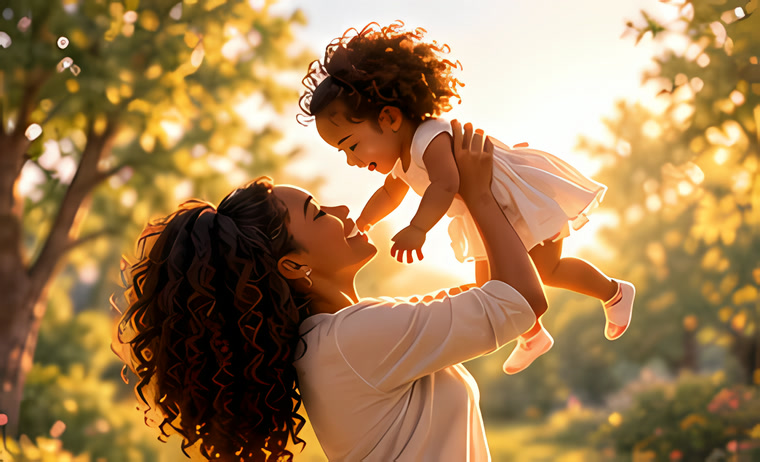 A mom lifting her laughing little one into the sunshine