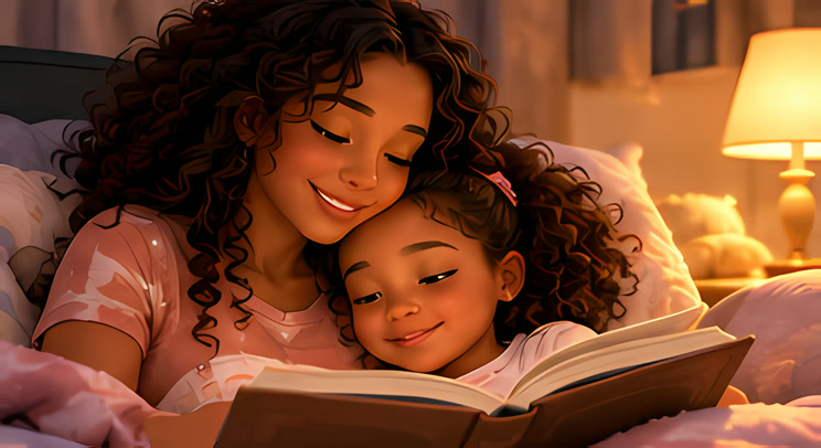 A mom and her daughter reading a book together in bed