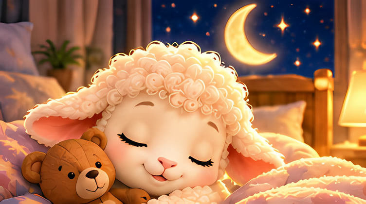 Pip asleep in bed, hugging a teddy bear, the moon in the window