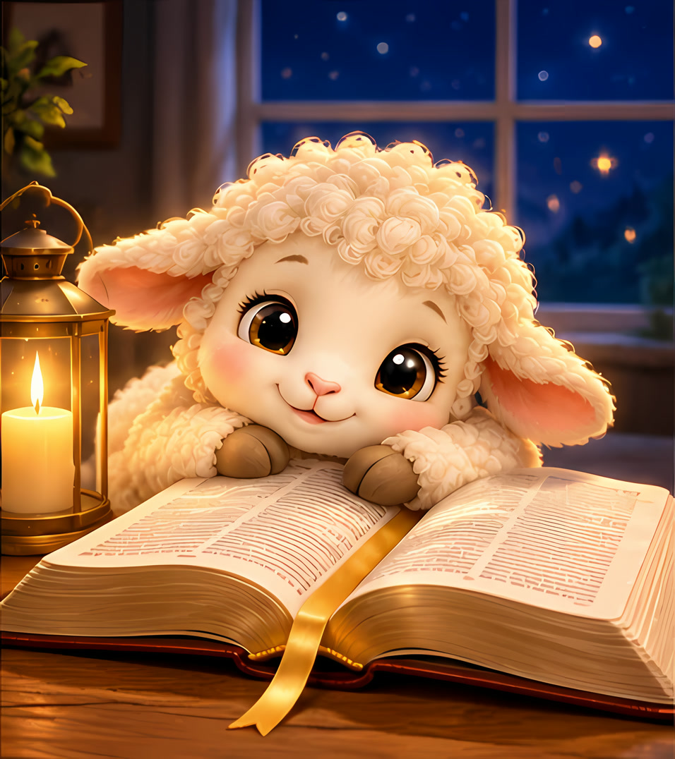 An open Bible with a gold ribbon, a candle, and Pip the lamb resting beside it