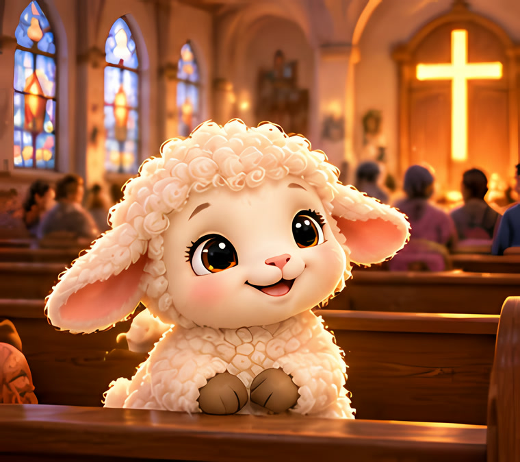 Pip sitting in a church pew, smiling, a cross of light behind him