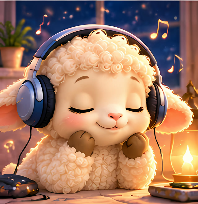 Pip listening happily with headphones, music notes floating around
