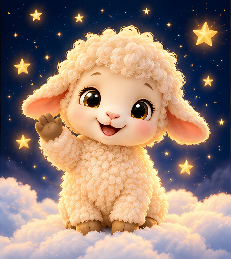 Pip the lamb, asleep under the moon and a golden cross