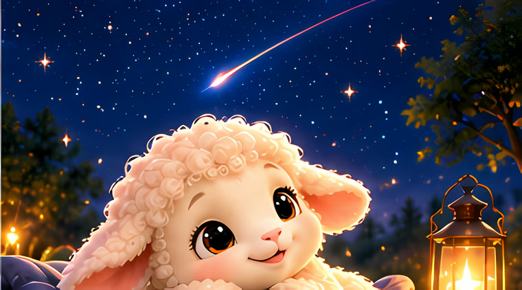 Pip under a starry sky with a lantern and a shooting star