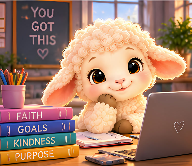 Pip at a desk with books named Faith, Goals, Kindness and Purpose