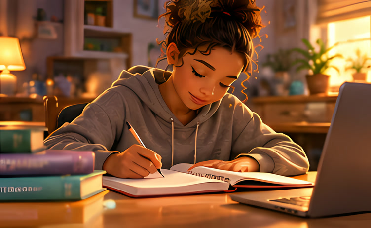 A teenage girl writing in her journal by lamplight