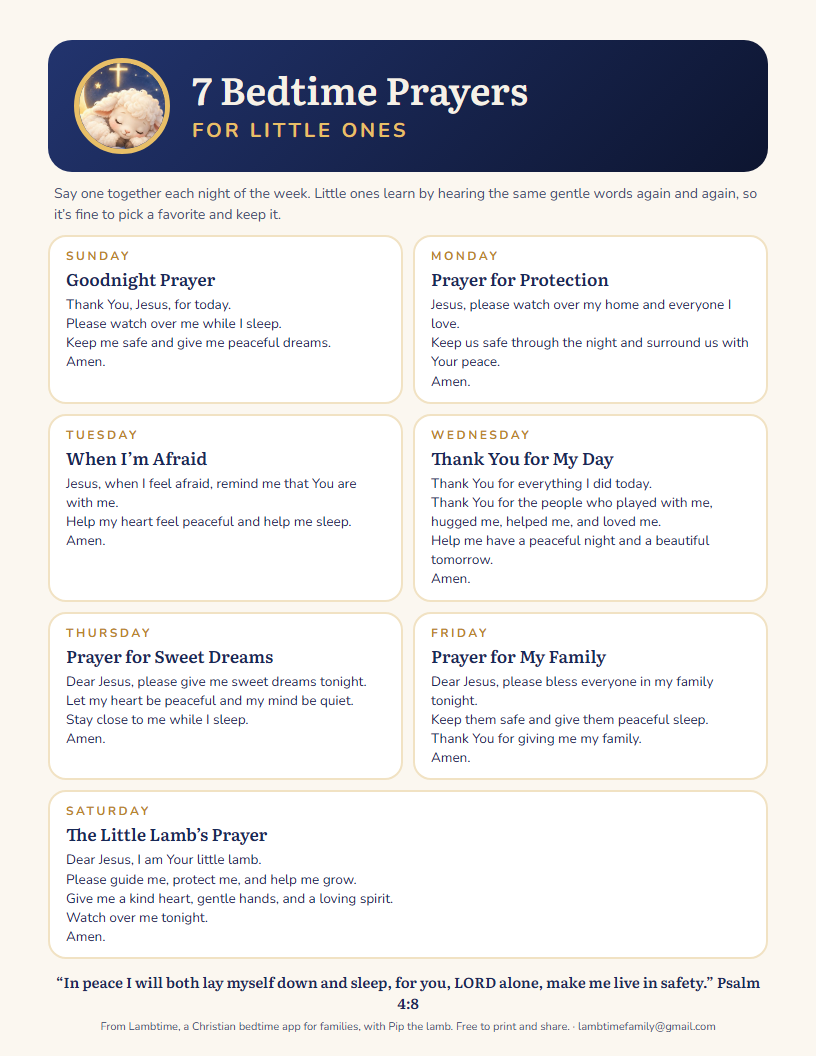 The printable page: seven bedtime prayers, one for each day of the week, with Pip the lamb