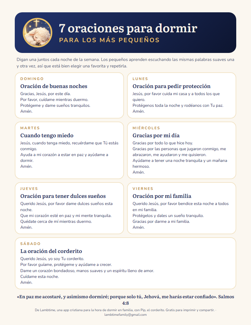 La página para imprimir: siete oraciones para dormir, una para cada día de la semana, con Pip, el corderito